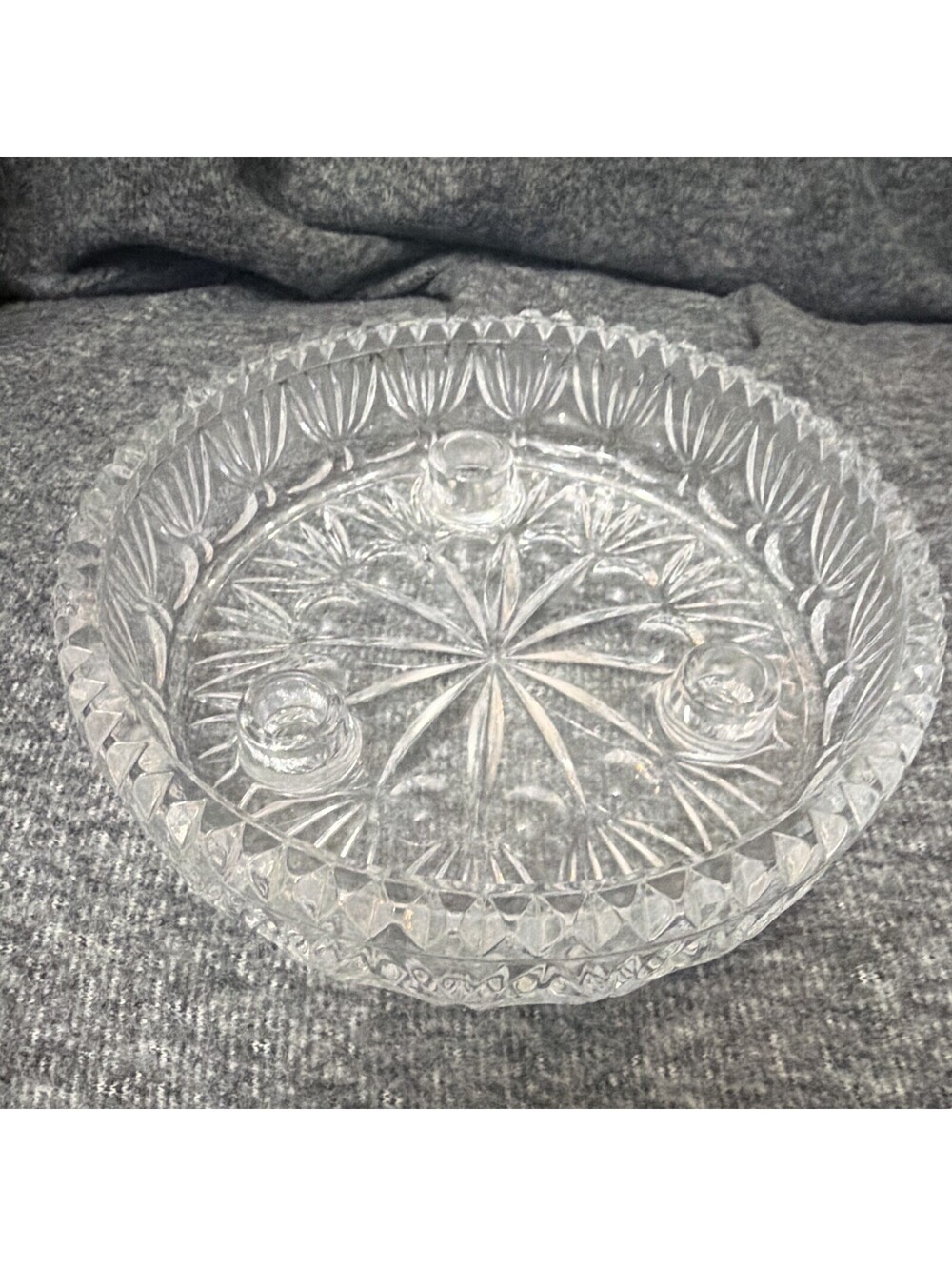 Clear Pressed Glass Candleholder with Starburst Pattern, Decorative, Round Shape